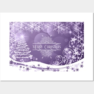 Pretty Xmas Tree and Snowflakes and Merry Christmas Greeting - on Mauve Posters and Art